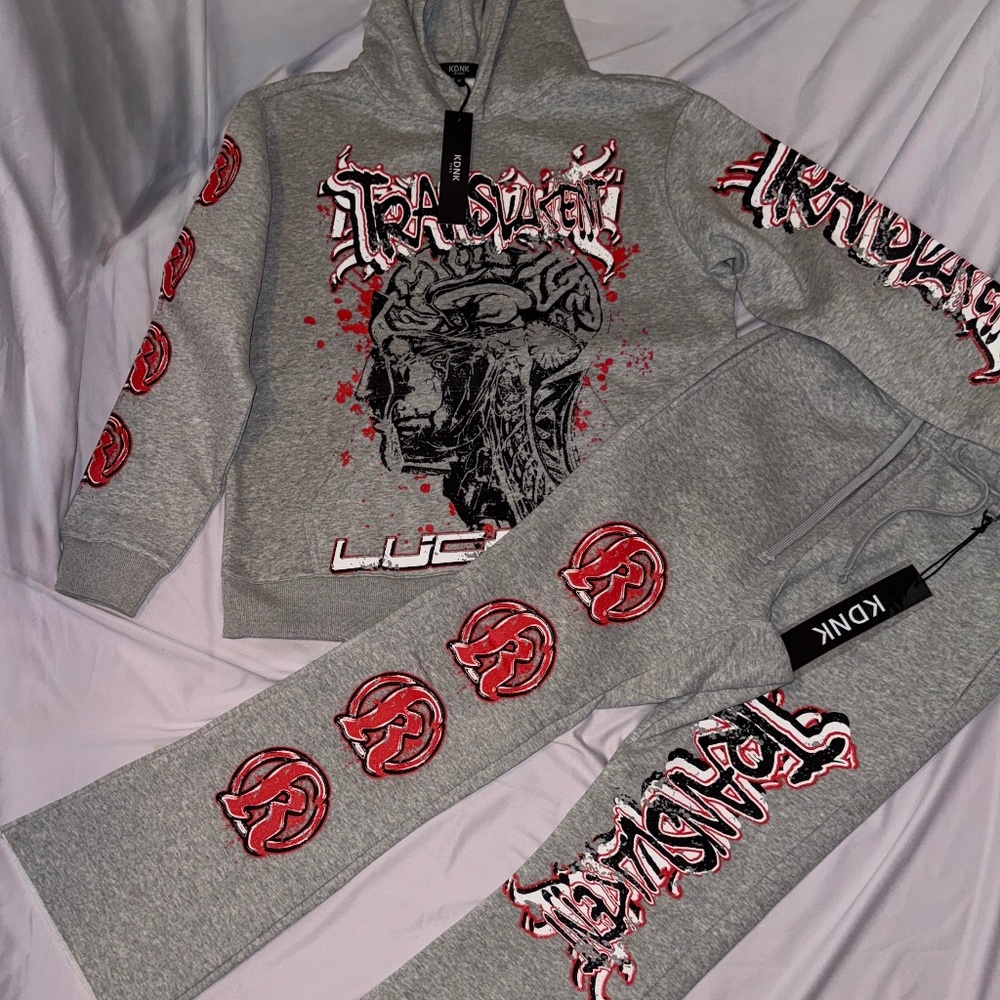 KDNK TRANSLUCENT SWEATSUIT Heather Grey/Black/Red Small, Medium and Large